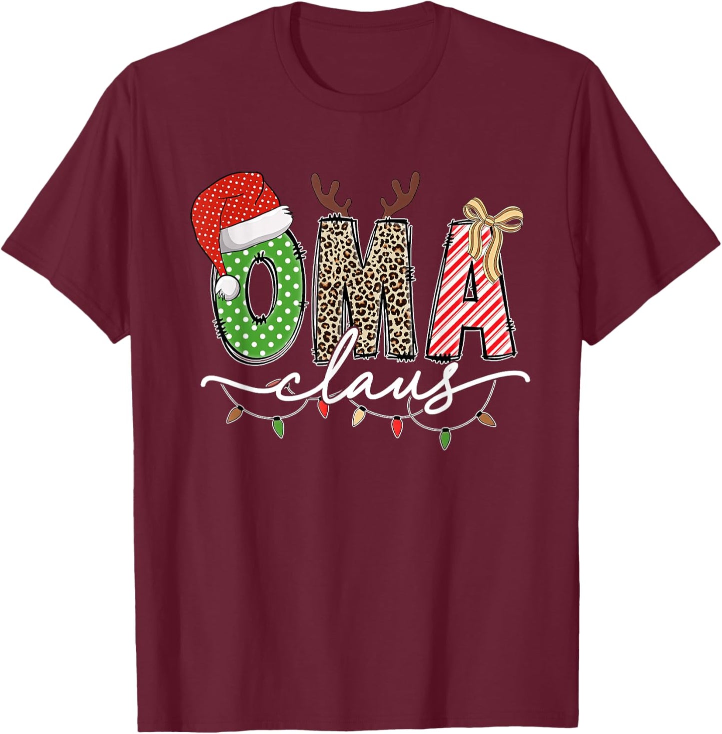 Oma Claus Christmas Lights And Reindeer Santa Hat Grandma T-Shirt - T-Shirt | Maroon