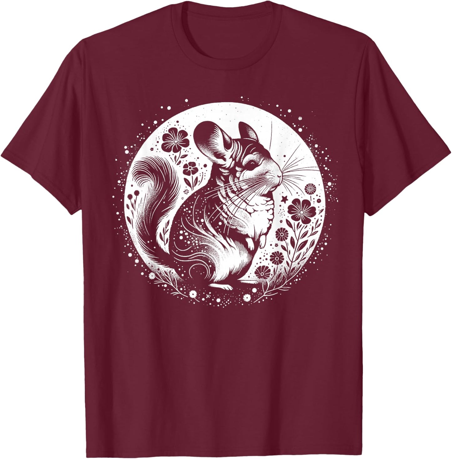 Kunstvoller Chinchilla mit Mond und Blumen T-Shirt - T-Shirt | Maroon