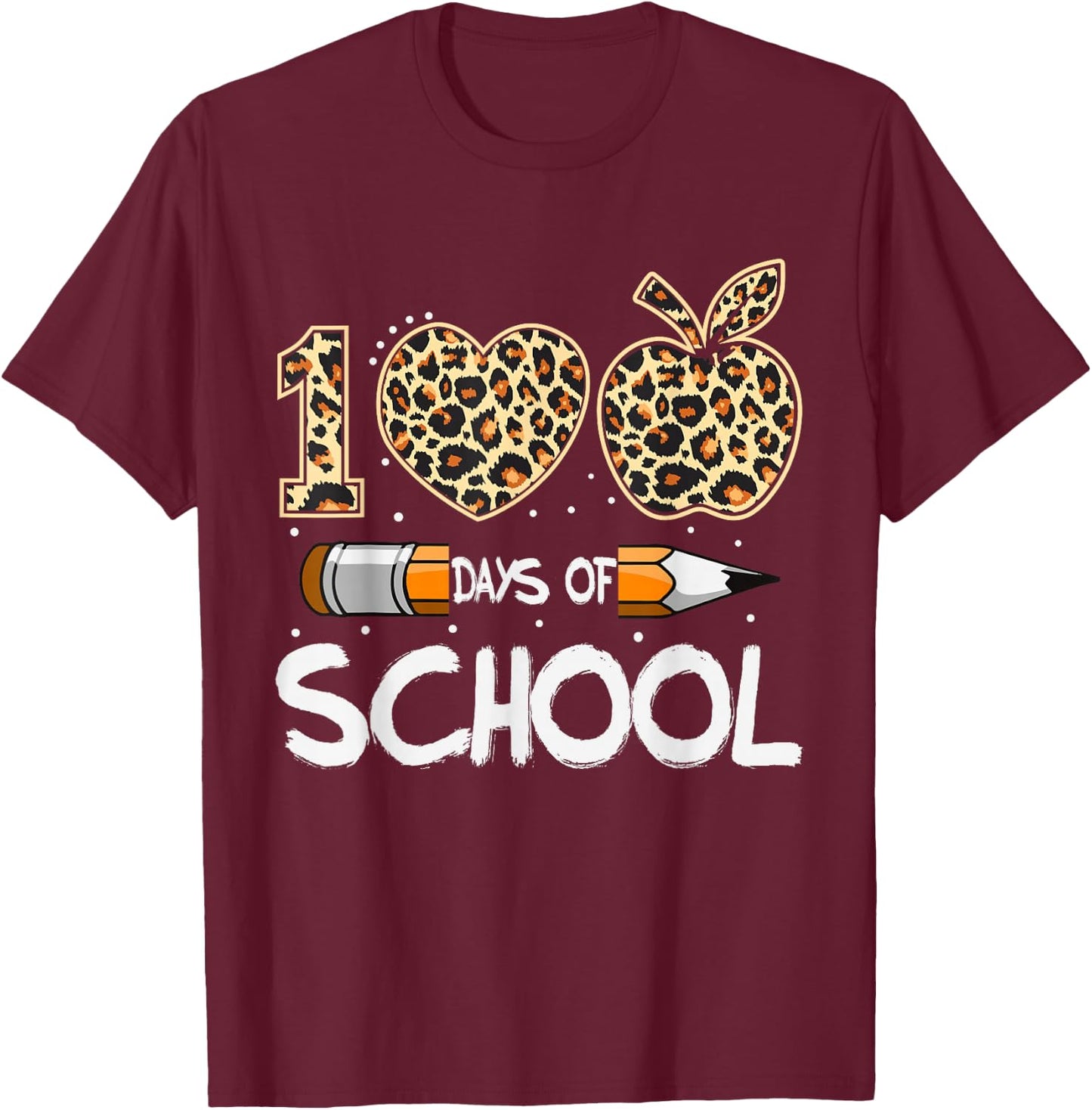 100 Days of School Leopard Teacher Kids 100th Day of School T-Shirt - T-Shirt | Maroon