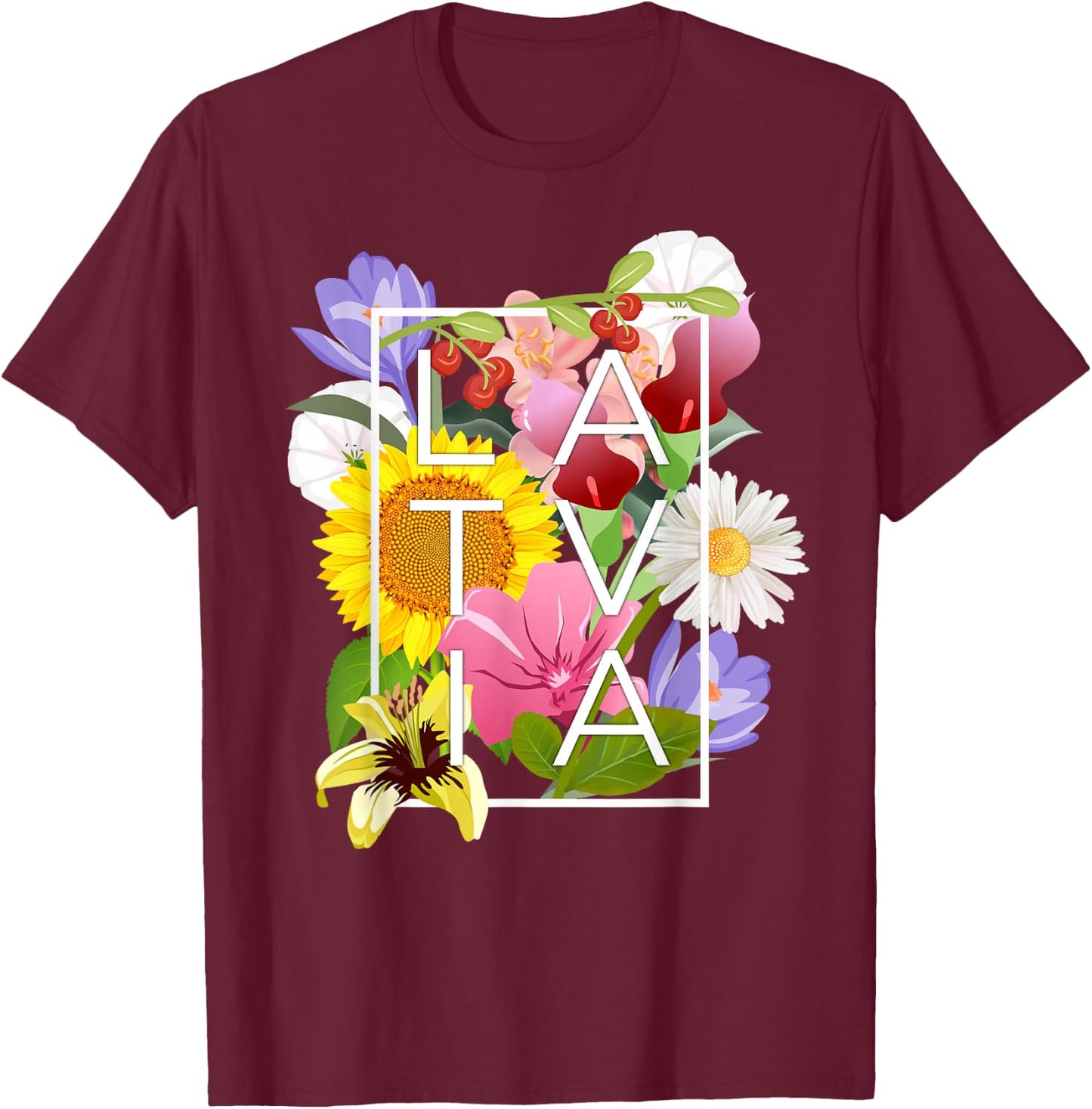 Flowers of Latvia Word Art - Latvian Pride T-Shirt - T-Shirt | Maroon