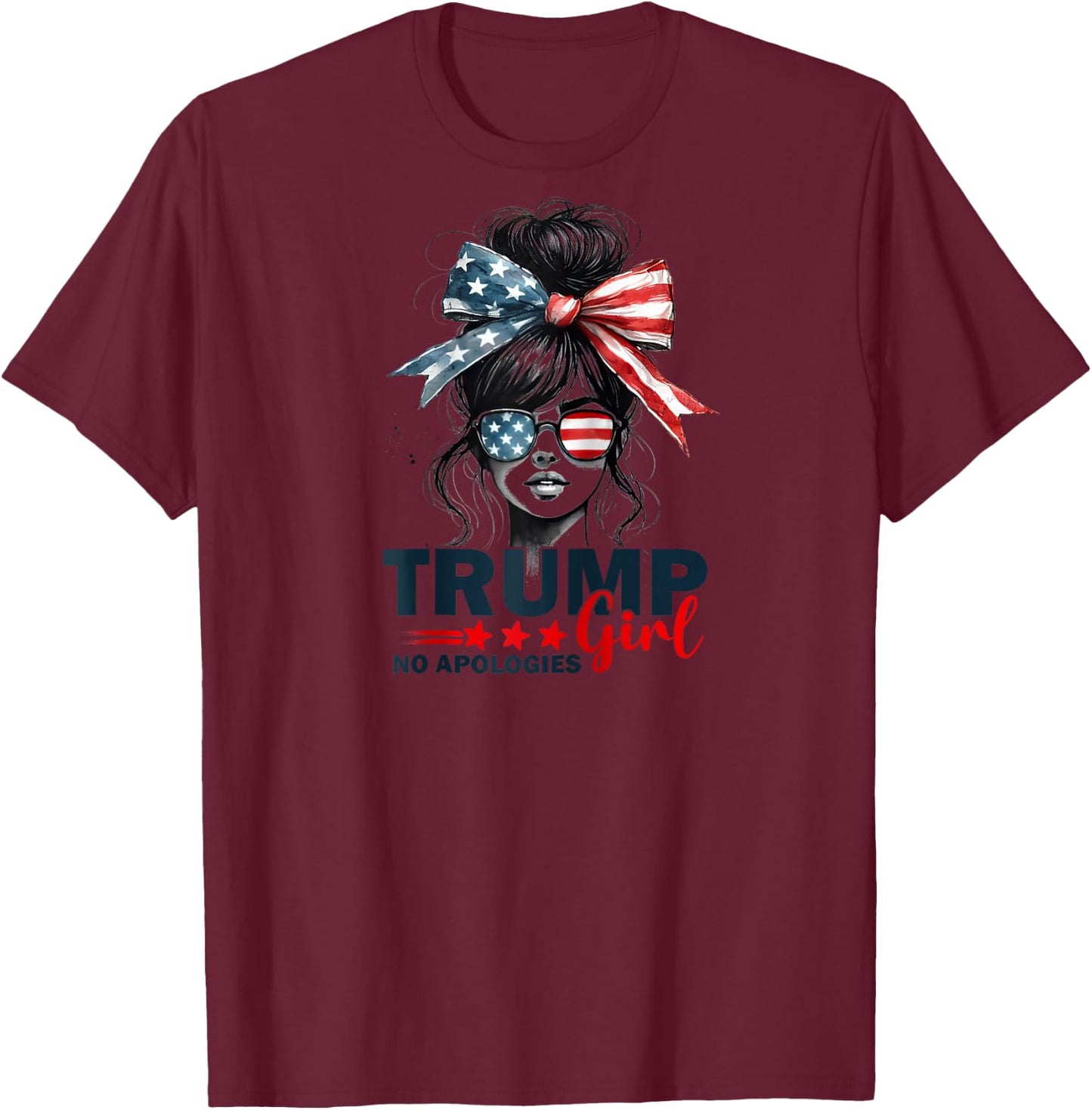 Trump Girl No Apologies Messy Bun Sunglasses Trump 2024 USA Raglan Baseball T-Shirt - T-Shirt | Maroon