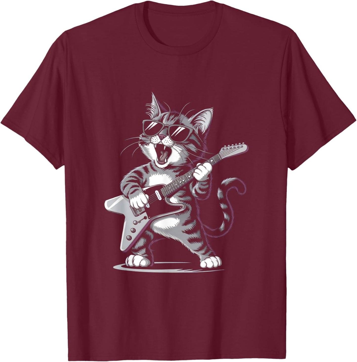 Cat Playing Guitar - Fun Cat Lover and Guitarist Artwork Men Women Girls Kids T-Shirt - T-Shirt | Maroon