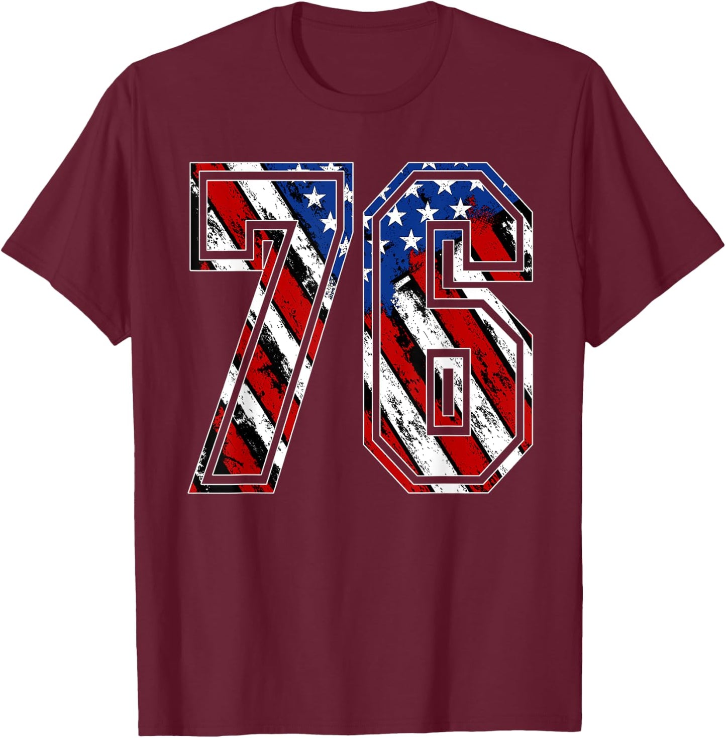 Number 76 Red White and Blue American Flag #76 Jersey Shirt T-Shirt - T-Shirt | Maroon