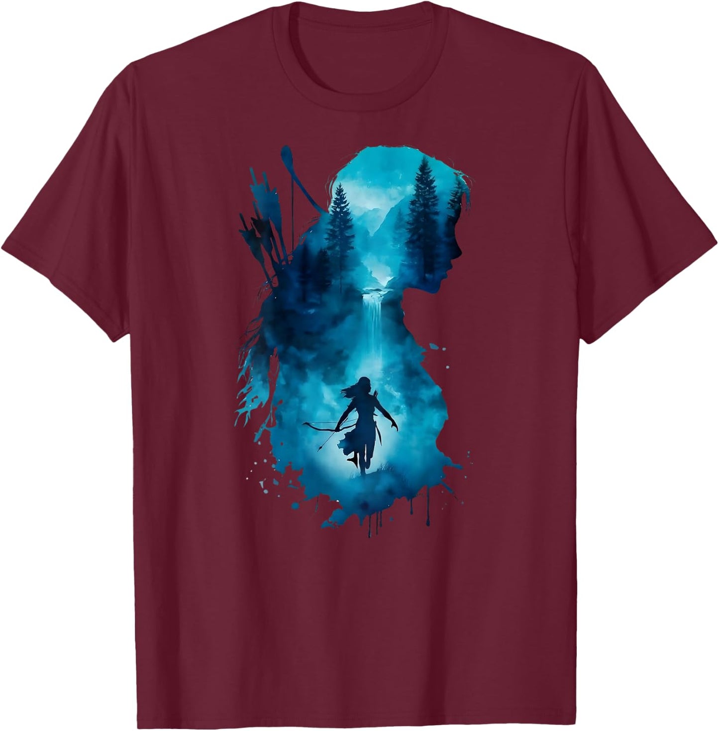 Regenbogen Frau Aquarell Wald - Bogenschießen Natur Kunst T-Shirt - T-Shirt | Maroon