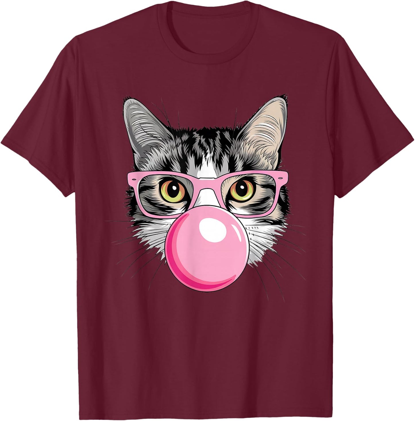 Funny Cat with Glasses Blowing Bubble Gum T-Shirt - T-Shirt | Maroon
