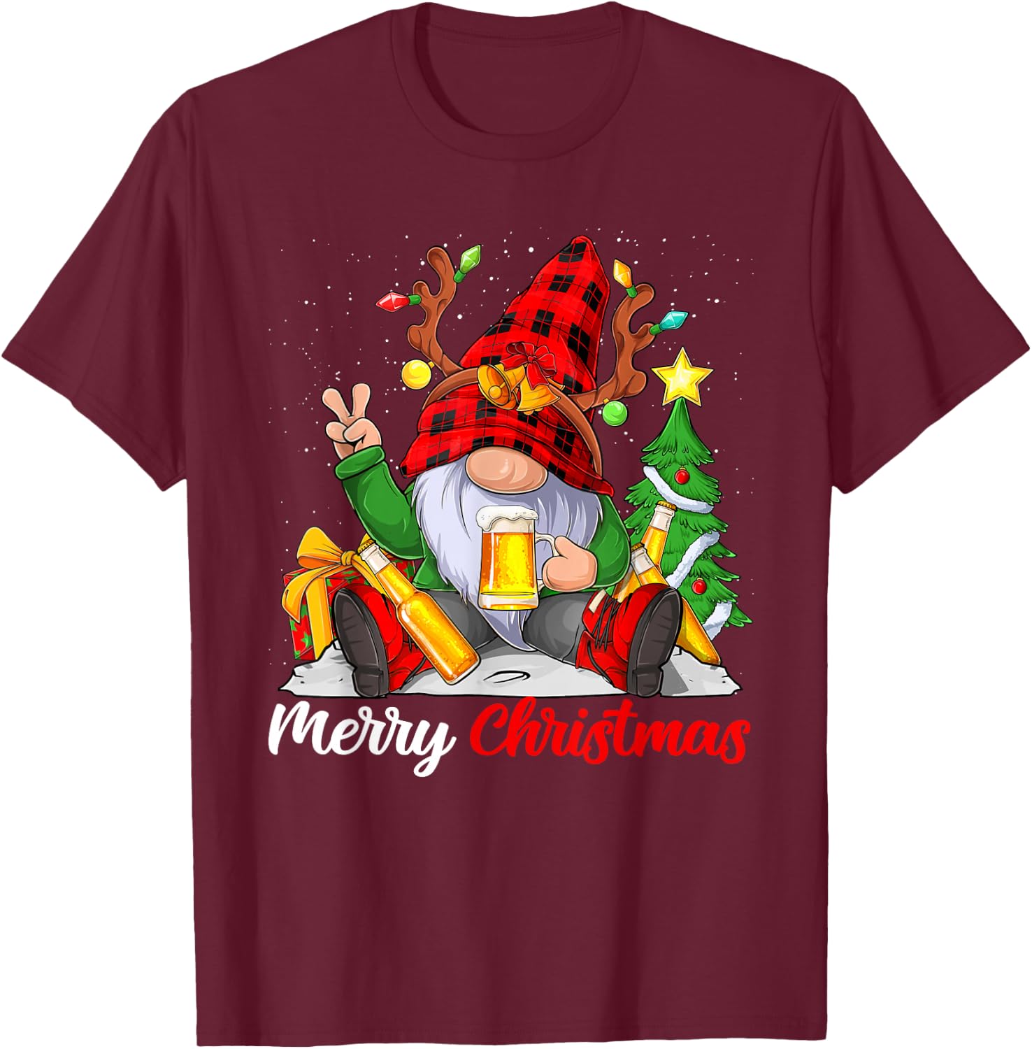 Funny Merry Christmas Beer Lover Men Women Gnome Lovers T-Shirt - T-Shirt | Maroon