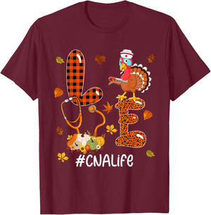 LOVE CNA Life Thanksgiving Turkey Stethoscope Nurse Pumpkins T-Shirt - T-Shirt | Maroon