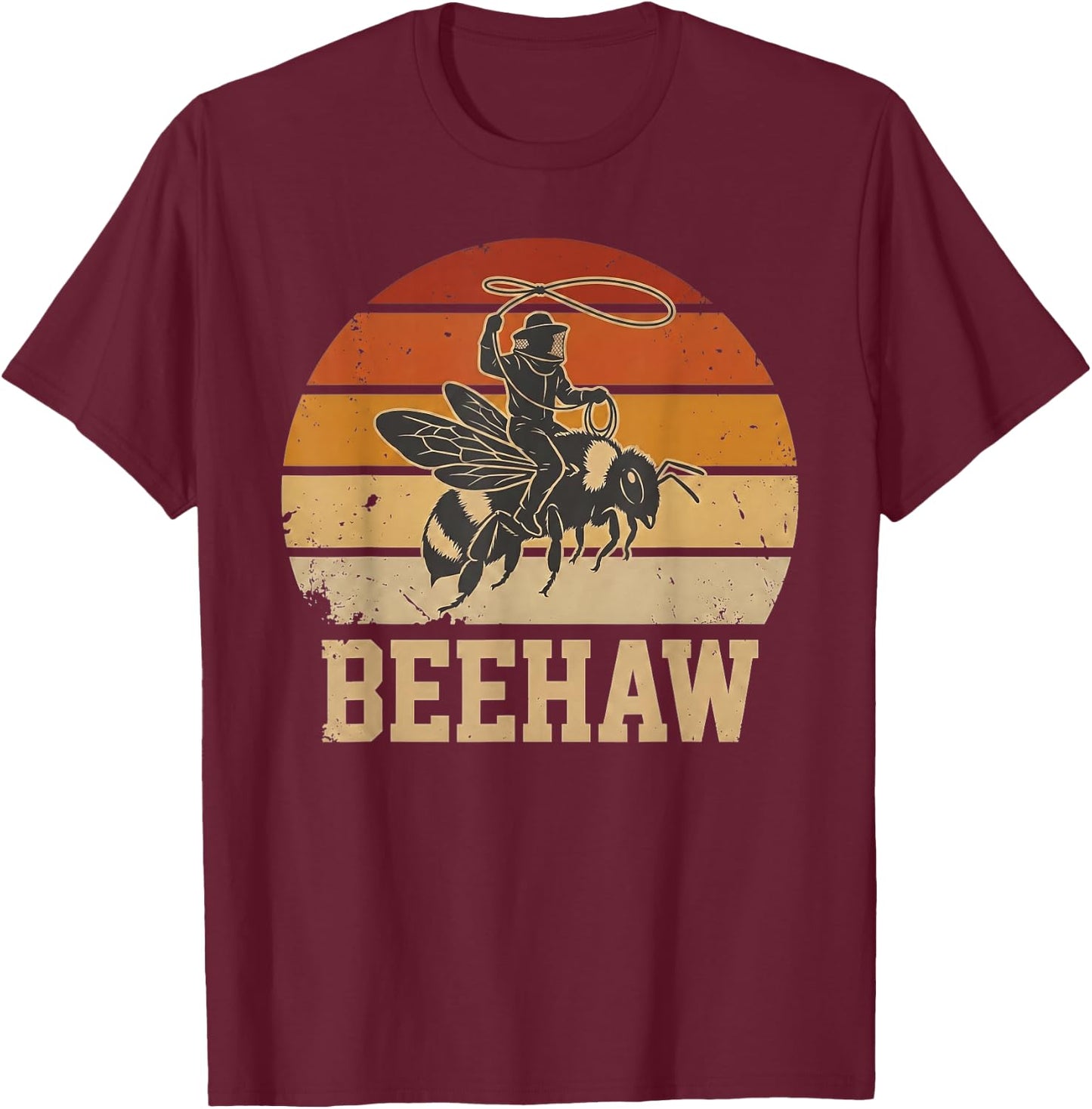 Beehaw Funny Beekeeper Cowboy Bee Rider Retro Sunset Farm T-Shirt - T-Shirt | Maroon
