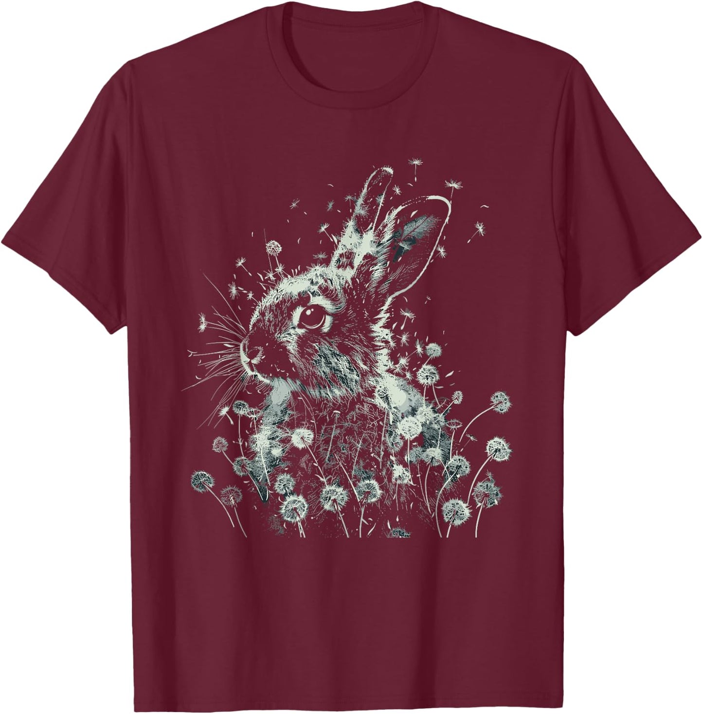 Rabbit Dandelion Wildlife Animal Bunny Nature Art T-Shirt - T-Shirt | Maroon