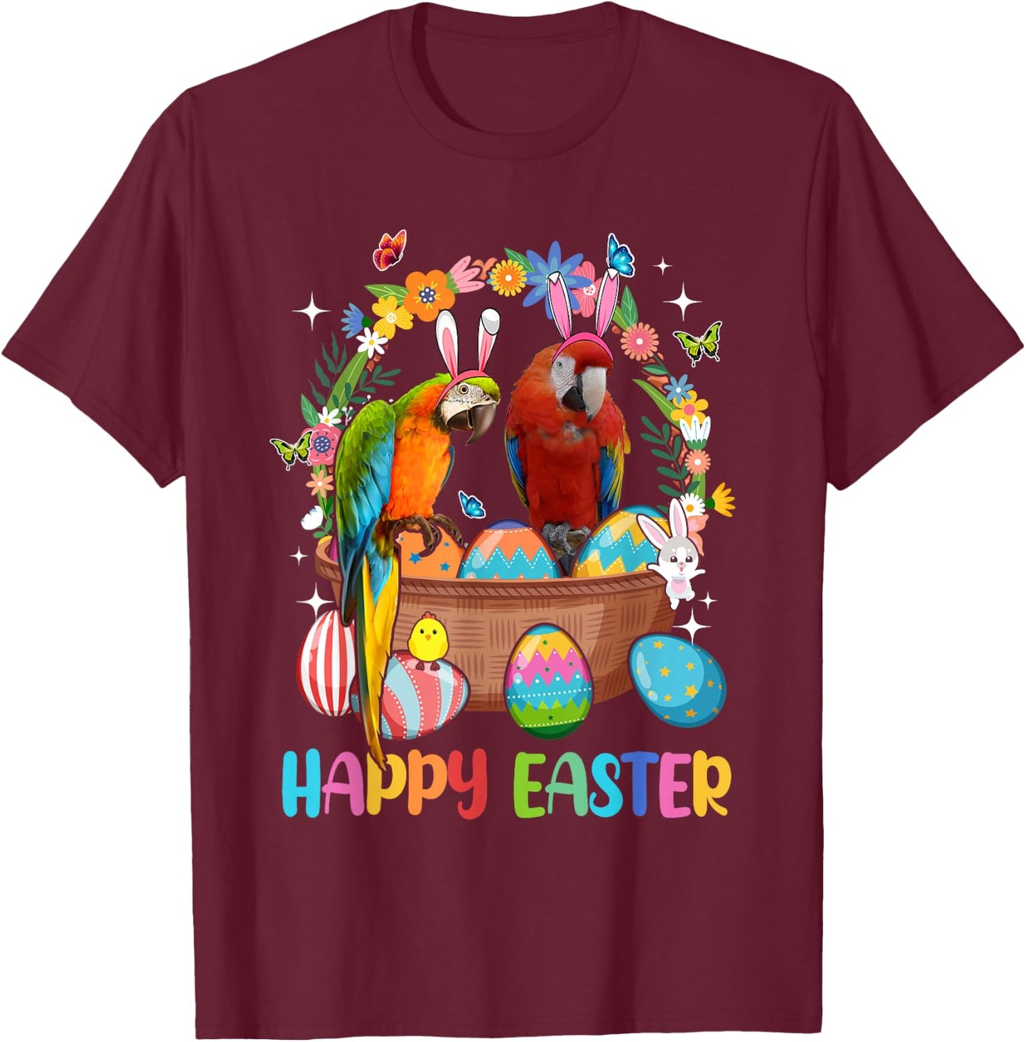 Happy Easter Three Cute Bunny Parrots In Eggs Basket Lover T-Shirt - T-Shirt | Maroon