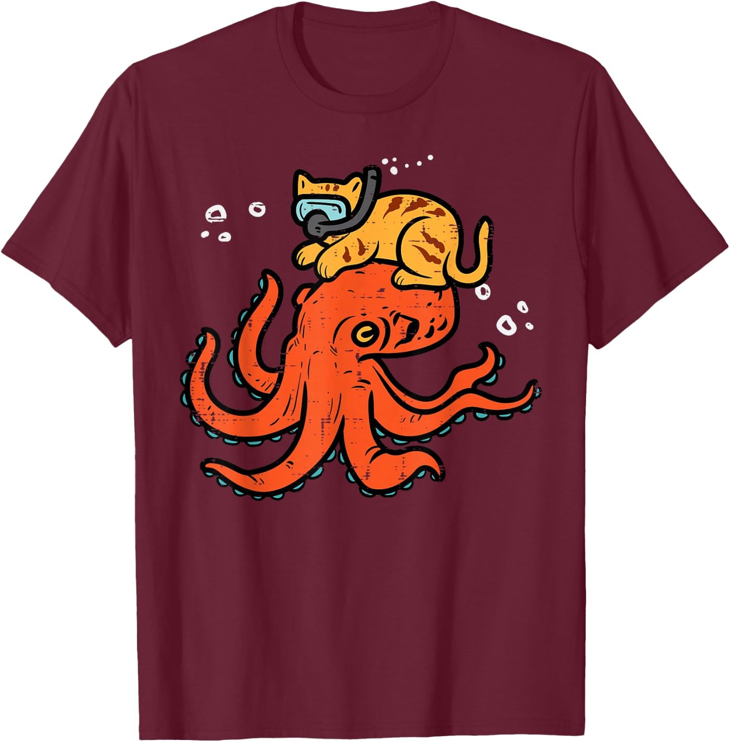Snorkling Cat On Octopus Cute Kitten Pet Women Girls Kids T-Shirt - T-Shirt | Maroon