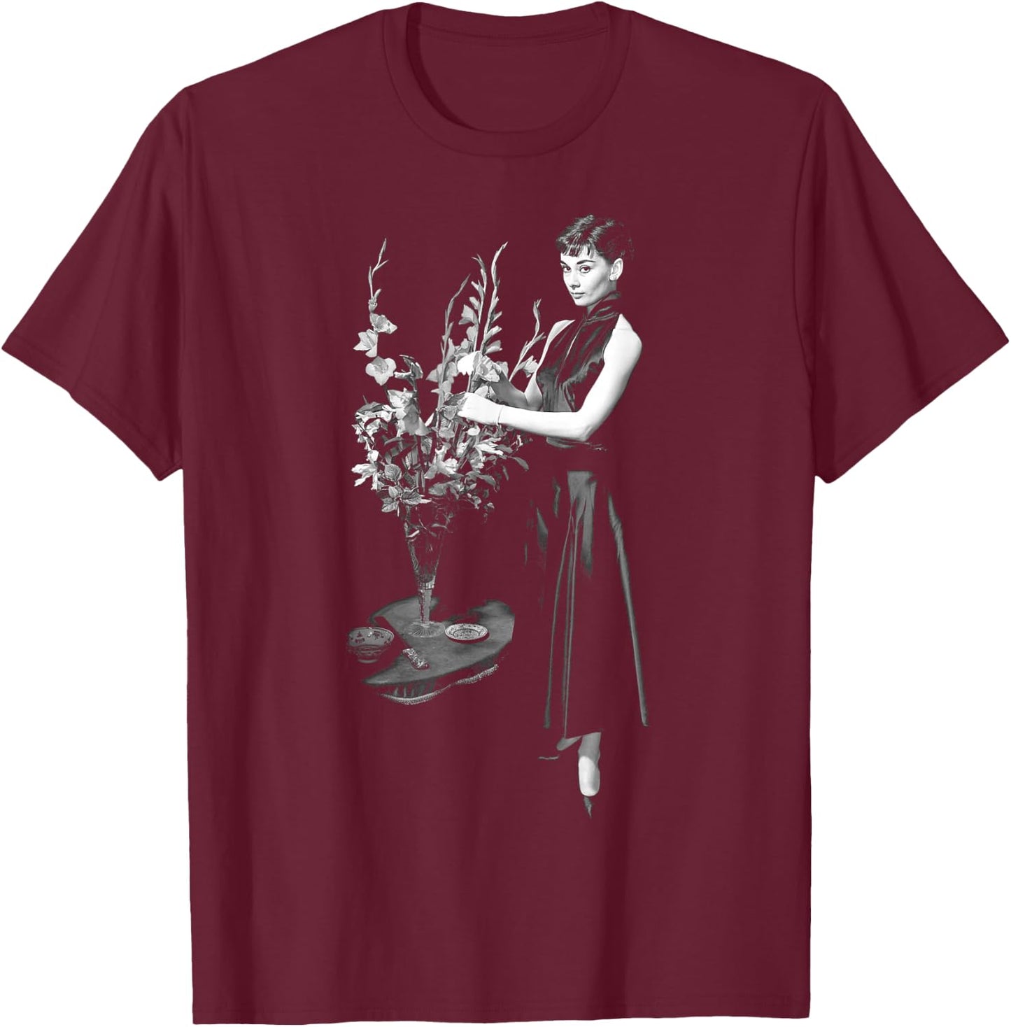 Audrey Hepburn Flowers T-Shirt - T-Shirt | Maroon
