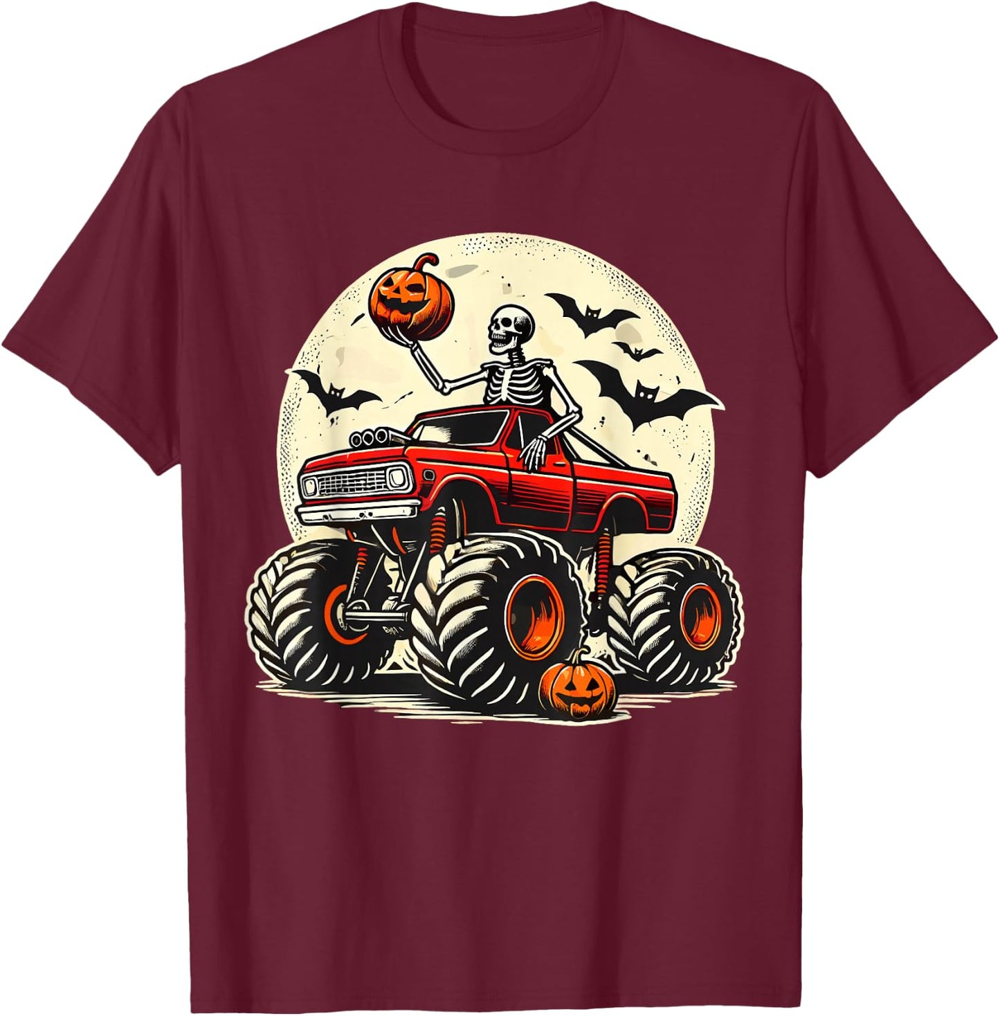 Monster Truck Skeleton Halloween T-Shirt - T-Shirt | Maroon