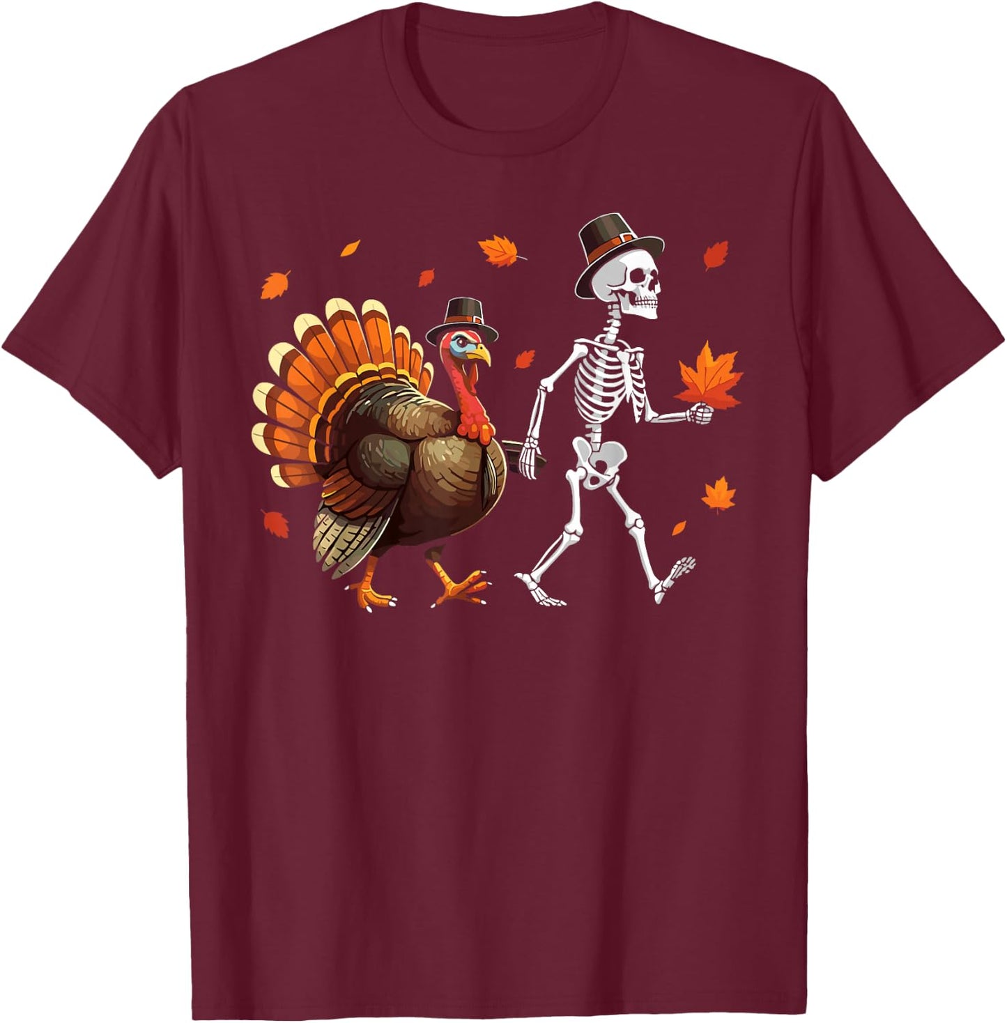 Skeleton Turkey pilgrim thanksgiving pumpkin fall kids T-Shirt - T-Shirt | Maroon