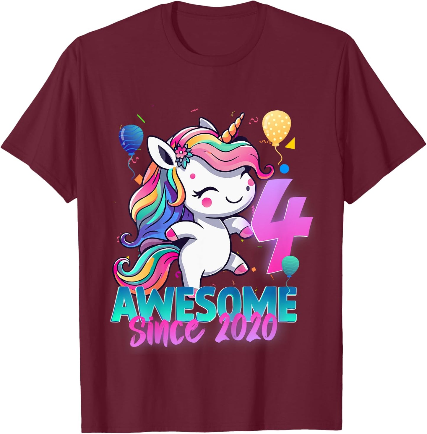 Kids 4th Birthday Girl Awesome Since 2020 4 Years Old Unicorn T-Shirt - T-Shirt | Maroon