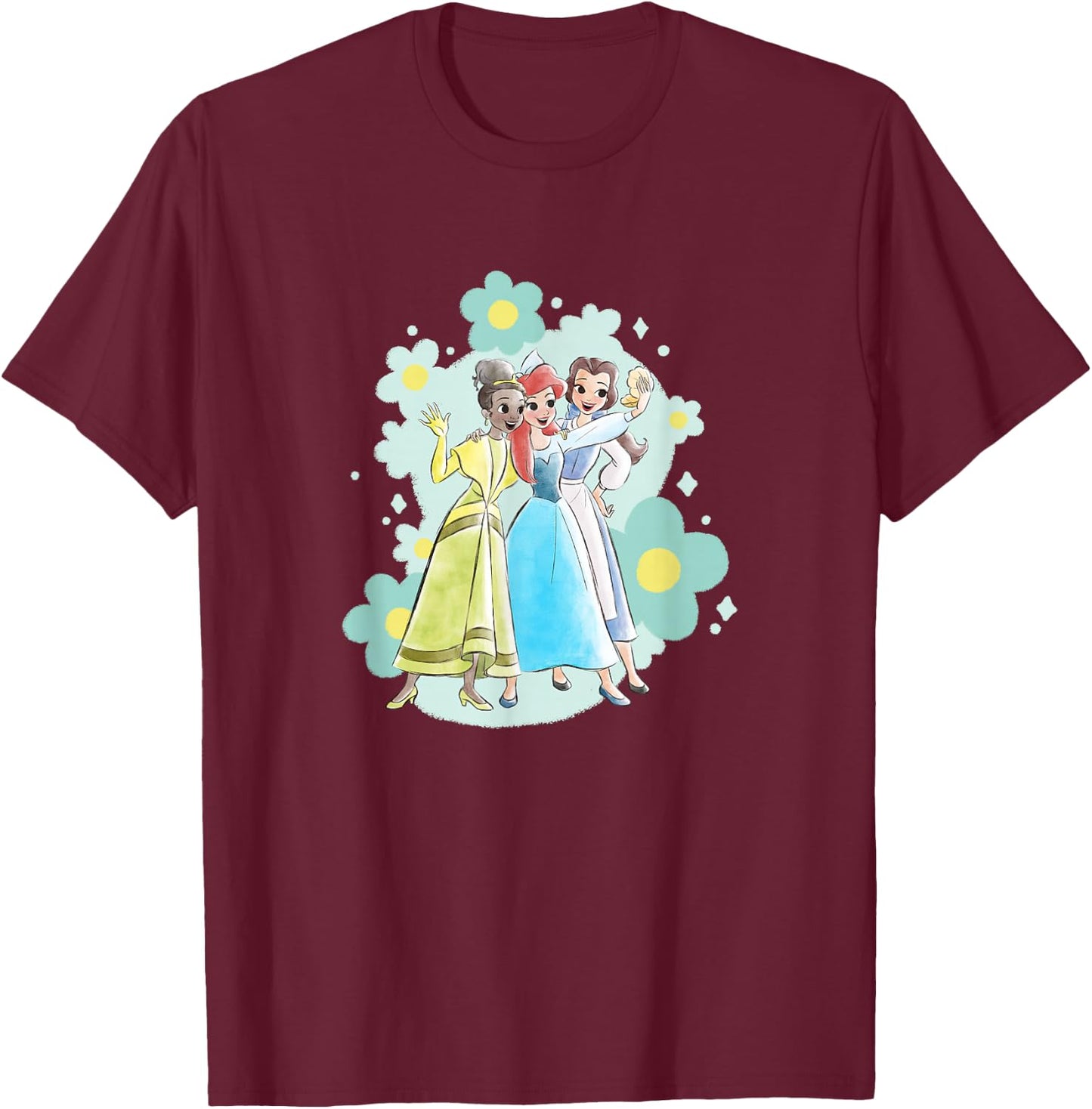 Disney Princess Belle Ariel Tiana Princess Selfie Florals T-Shirt - T-Shirt | Maroon