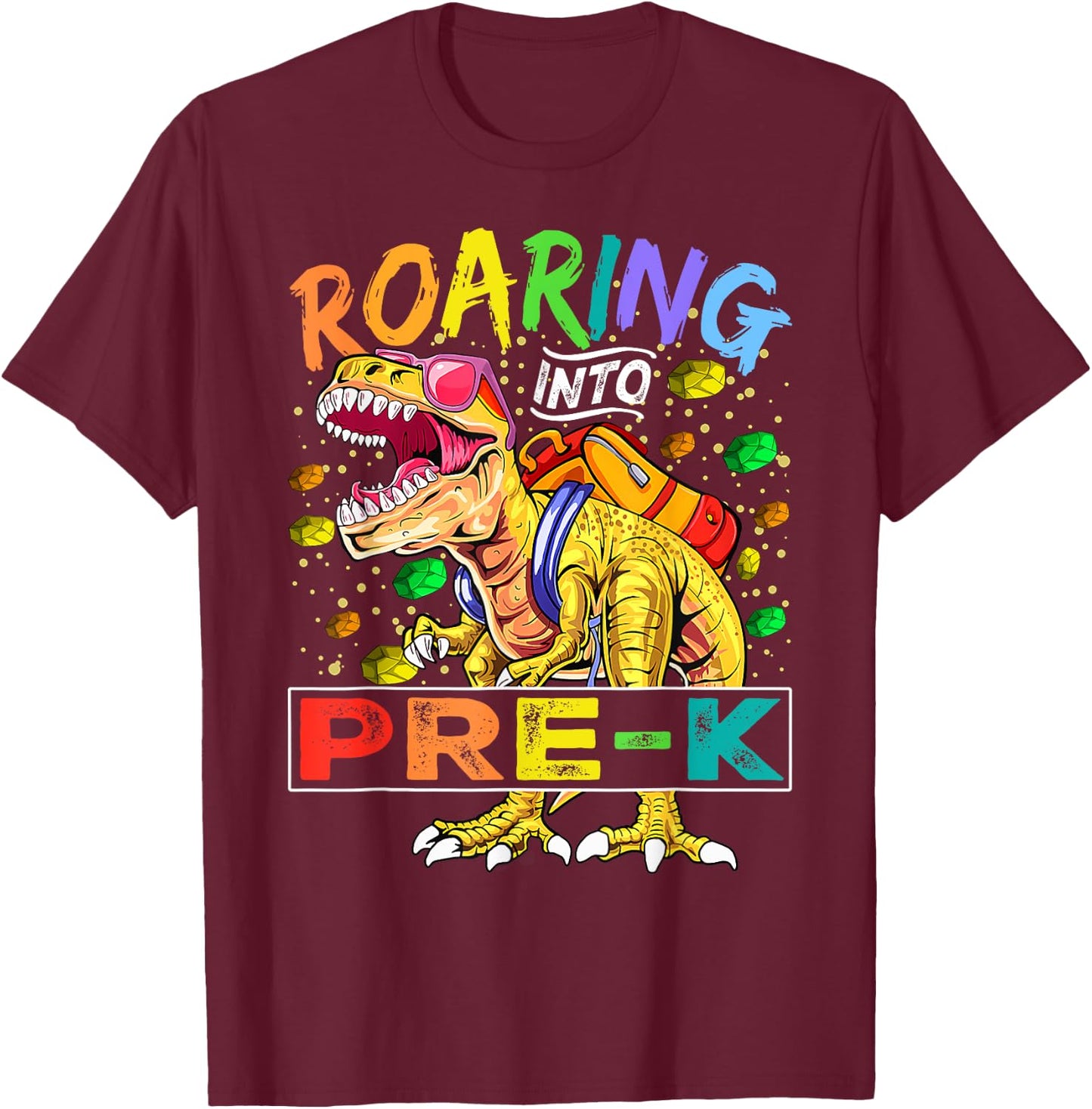 Roaring Into Pre-K Dinosaur T Rex Back to School Boys T-Shirt - T-Shirt | Maroon