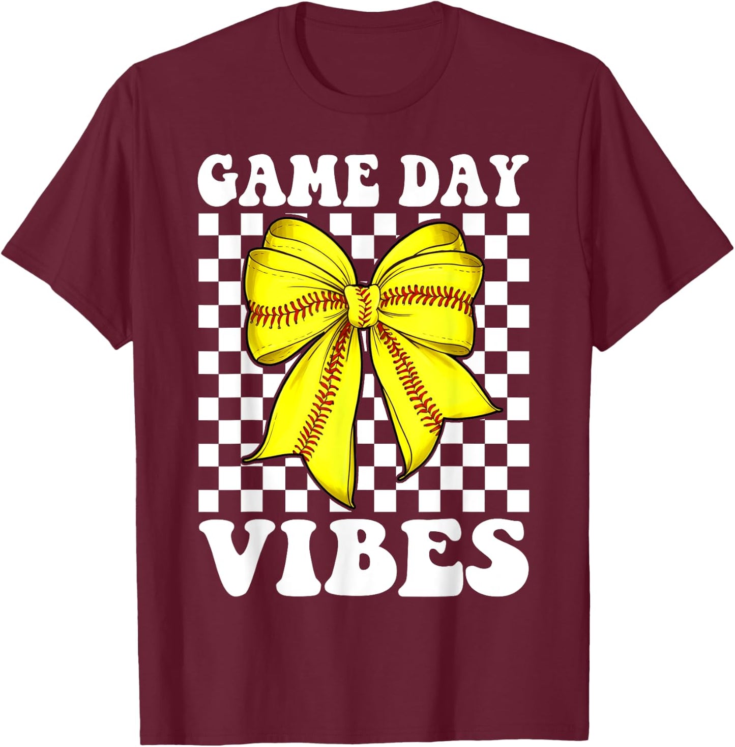 Groovy Softball Game Day Vibes Coquette Bow Girls Women T-Shirt - T-Shirt | Maroon