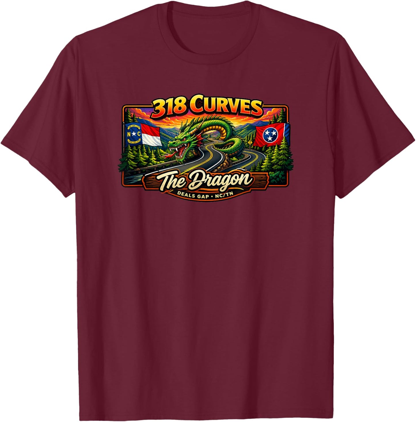 The Dragon Tail of Deals Gap US129 318 Curves NC TN T-Shirt - T-Shirt | Maroon