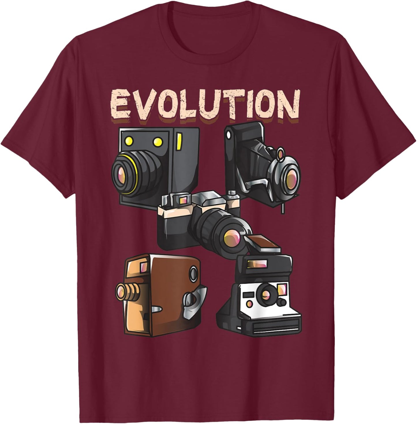 Vintage Evolution of the Camera Photography T-Shirt - T-Shirt | Maroon