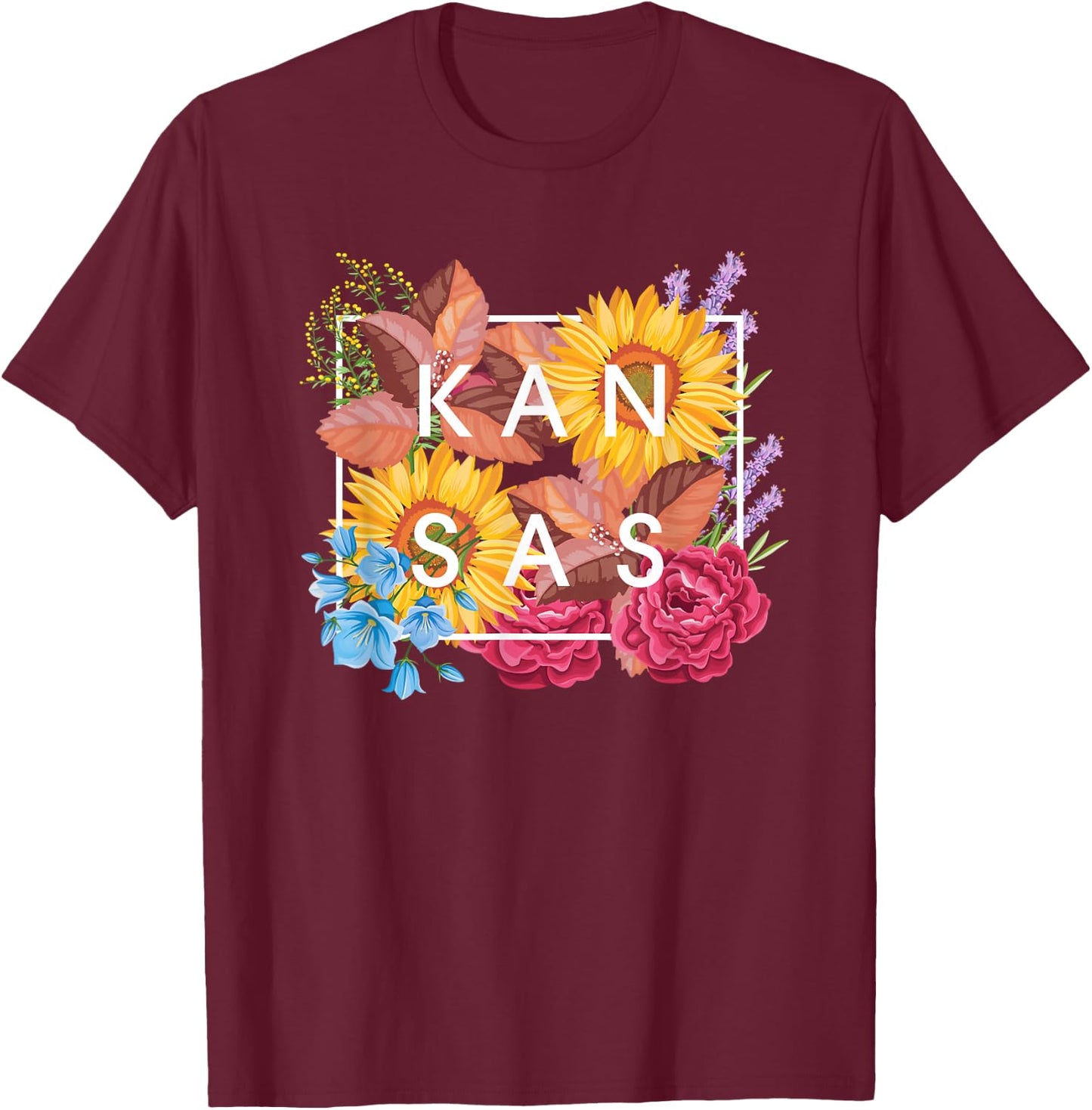 Flowers of Kansas Word Art - Kansan State Souvenir T-Shirt - T-Shirt | Maroon