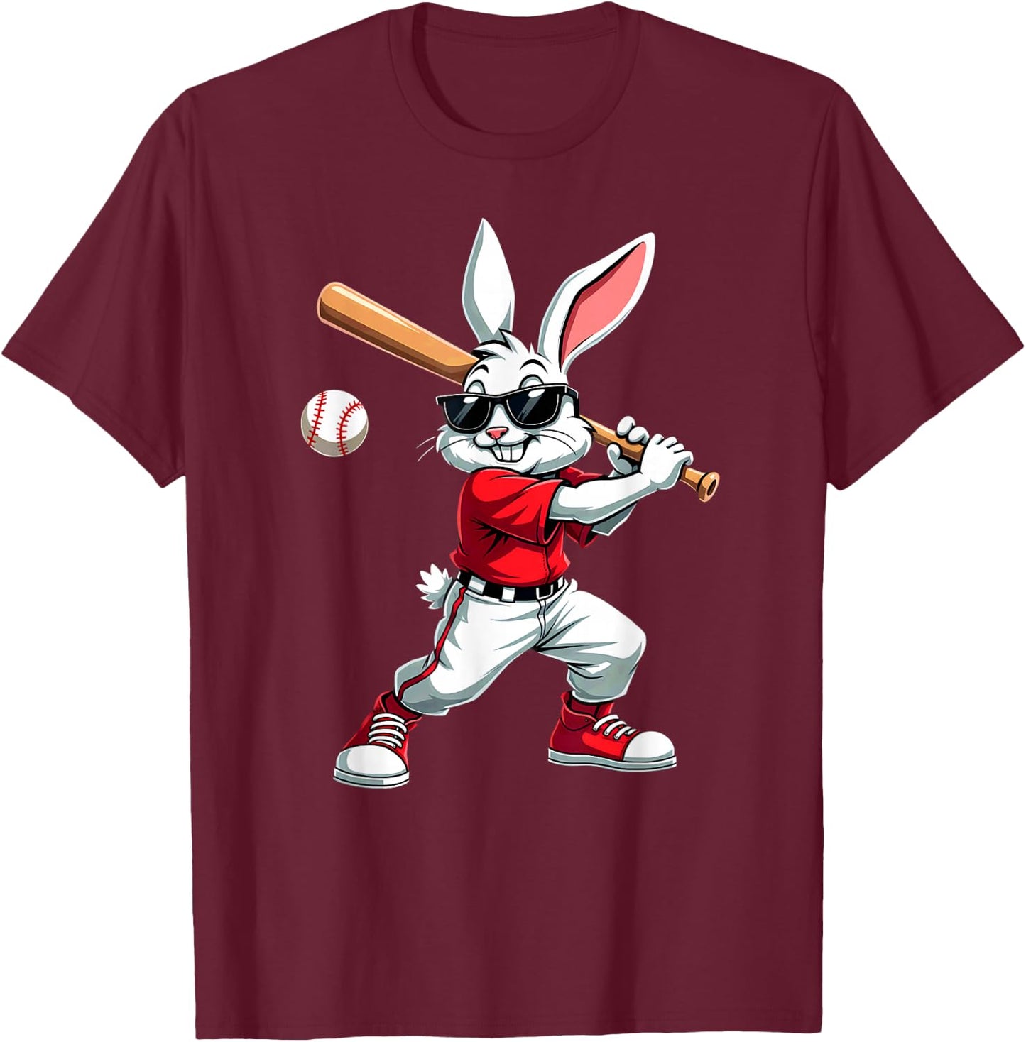 Easter Bunny Playing Baseball Batter T-Shirt - T-Shirt | Maroon
