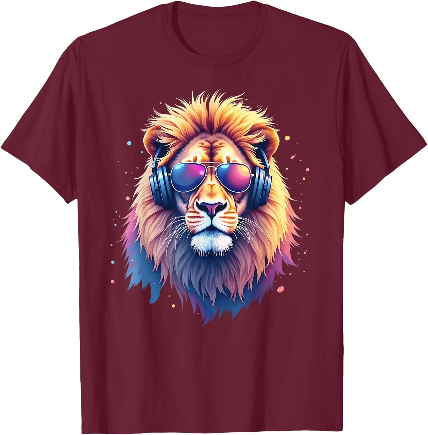 DJ Lion Predatory Cat Cool Lion with Sunglasses & Headphones , black T-Shirt - T-Shirt | Maroon