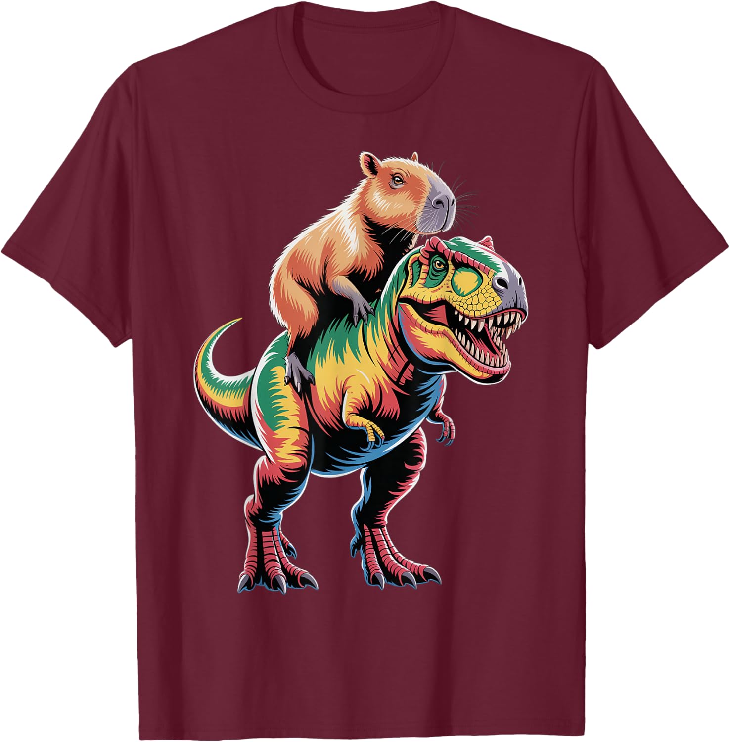 Dino Adventure With Capybara T-Shirt - T-Shirt | Maroon