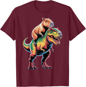 Dino Adventure With Capybara T-Shirt - T-Shirt | Maroon