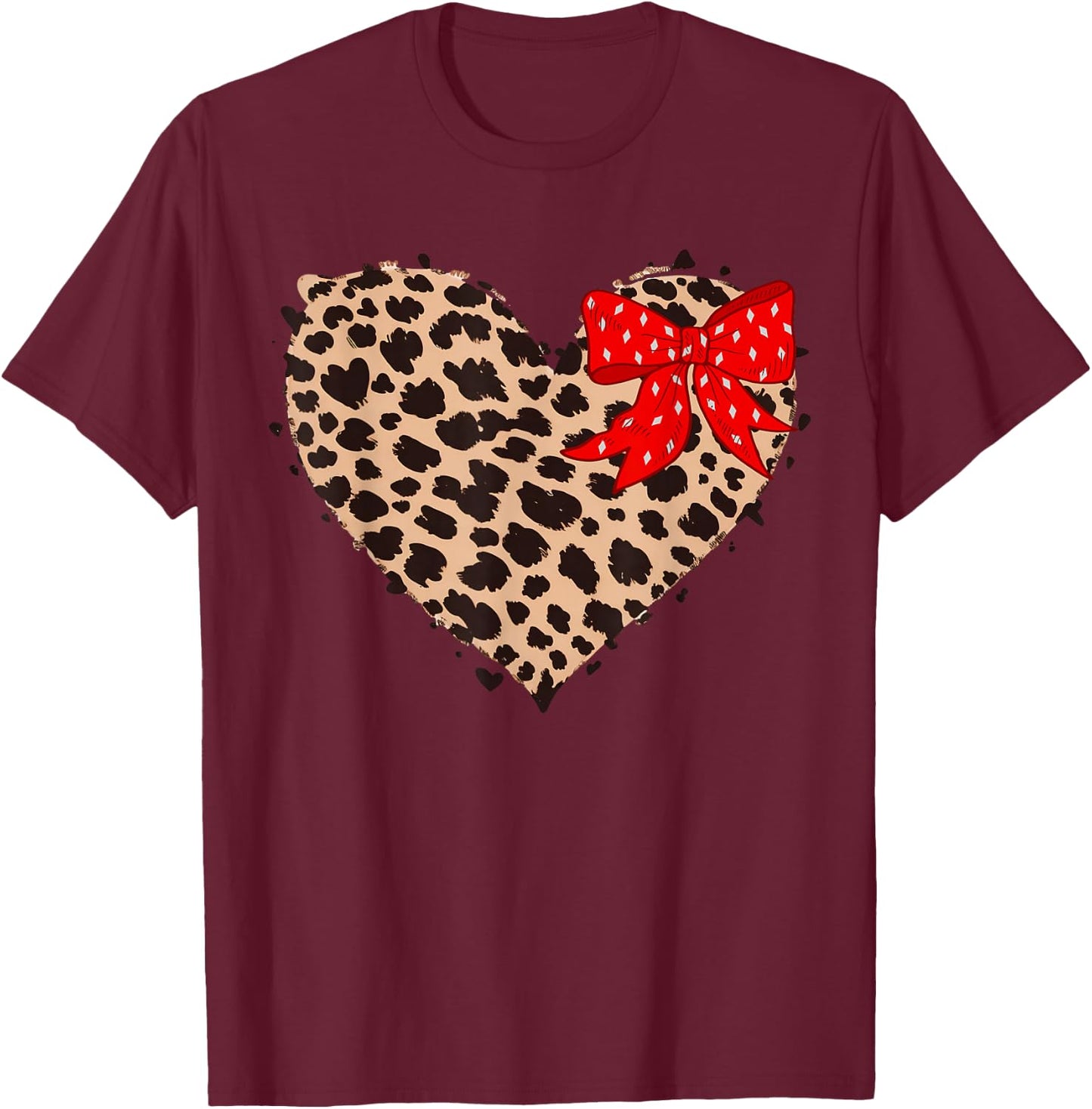 Cheetah Leopard Heart Girls Animal Print Pink Ribbon Red T-Shirt - T-Shirt | Maroon