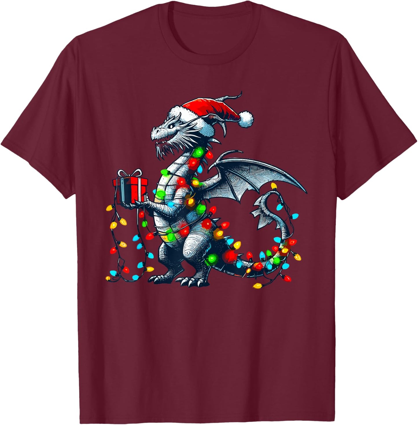 Dragon Wearing Santa Claus Hat Holding A Present Box Xmas T-Shirt - T-Shirt | Maroon
