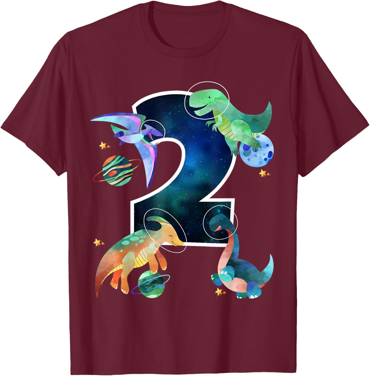 Kids Astronaut Outer Space Dinosaurs 2nd Birthday Boy Gift T-Shirt - T-Shirt | Maroon