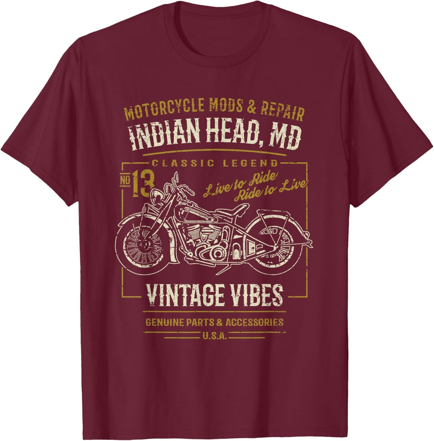Indian Head Maryland USA Retro Motorcycle Design Distressed , Black, S T-Shirt - T-Shirt | Maroon