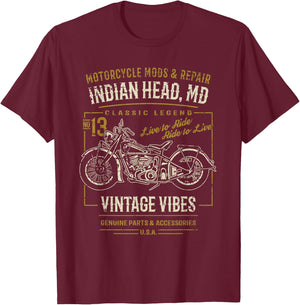 Indian Head Maryland USA Retro Motorcycle Design Distressed , Black, S T-Shirt - T-Shirt | Maroon