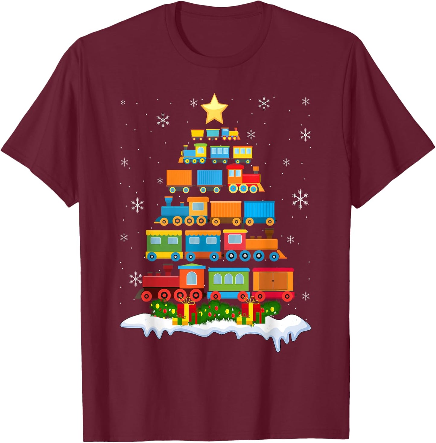 Train Lover Xmas Tree Santa Christmas Train T-Shirt - T-Shirt | Maroon