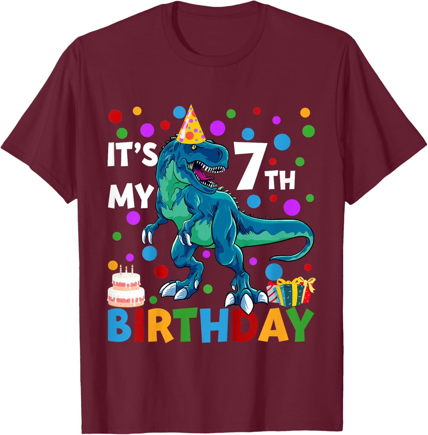 Kids It's My 7th Birthday Happy 7 Year T-Rex T-Shirt - T-Shirt | Maroon