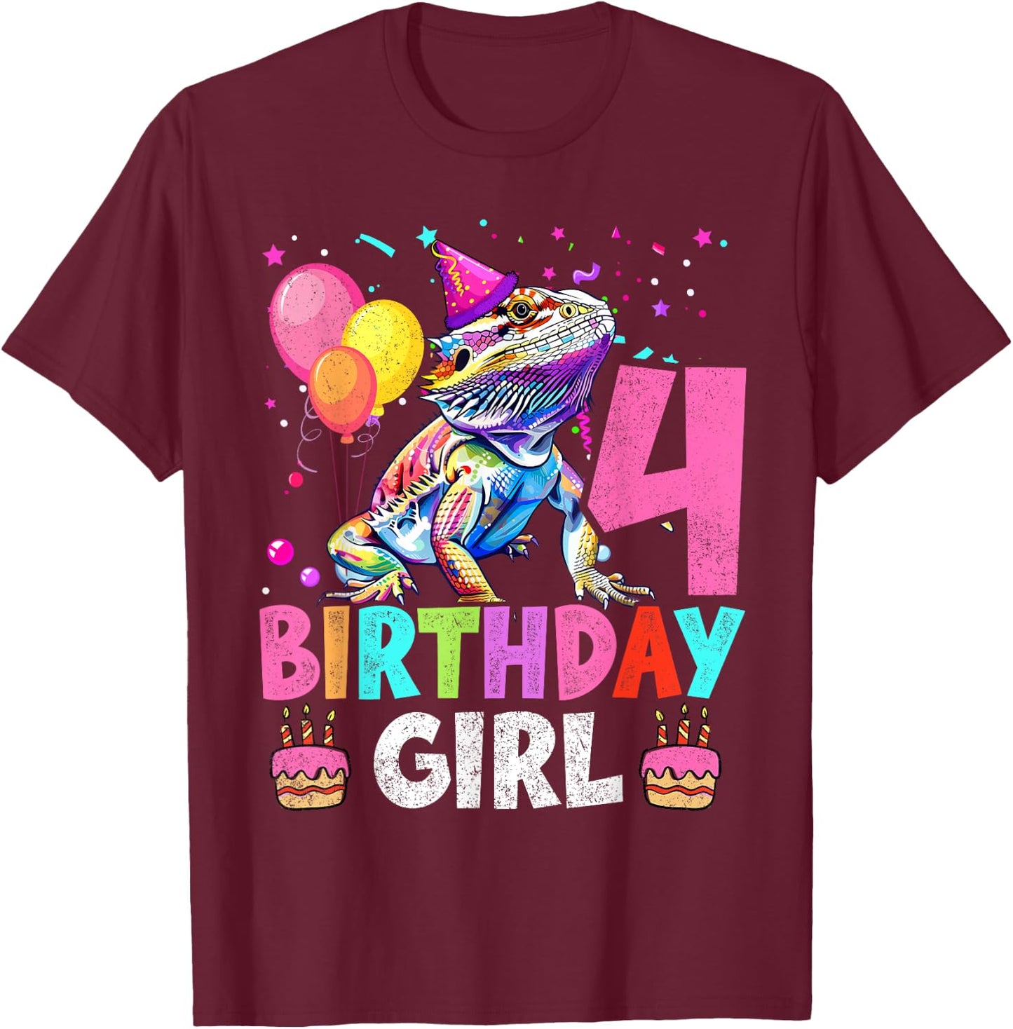 4th Birthday Girl Bearded Dragon 4 Years Old Bday Party T-Shirt - T-Shirt | Maroon