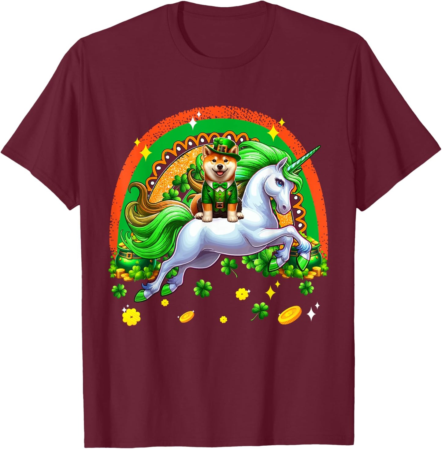 Patrick's Day Shiba Inu Riding Unicorn Shamrocks Rainbow T-Shirt - T-Shirt | Maroon