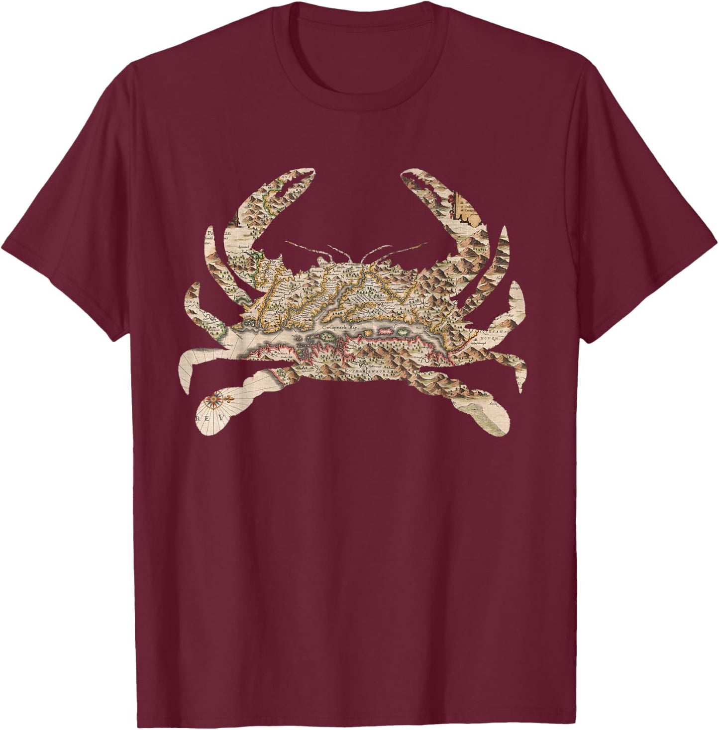 Chesapeake Bay Map (1630) Blue Crab Silhouette T-Shirt - T-Shirt | Maroon