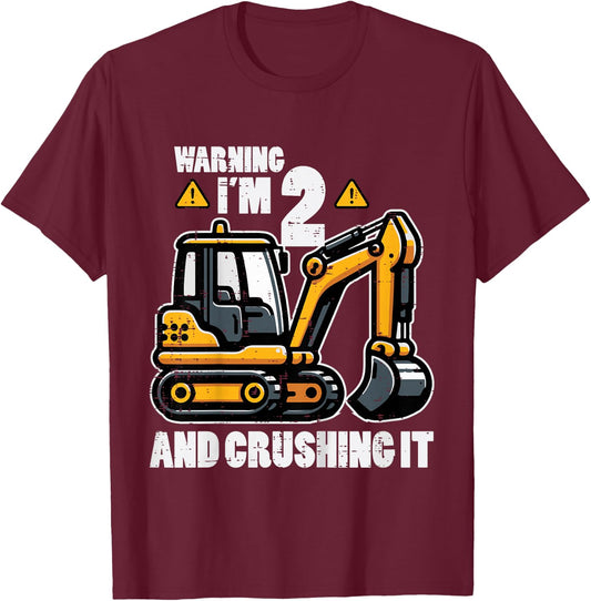 Kids Im 2 Crushing It Excavator 2nd Birthday Construction Boy Kid T-Shirt - T-Shirt | Maroon