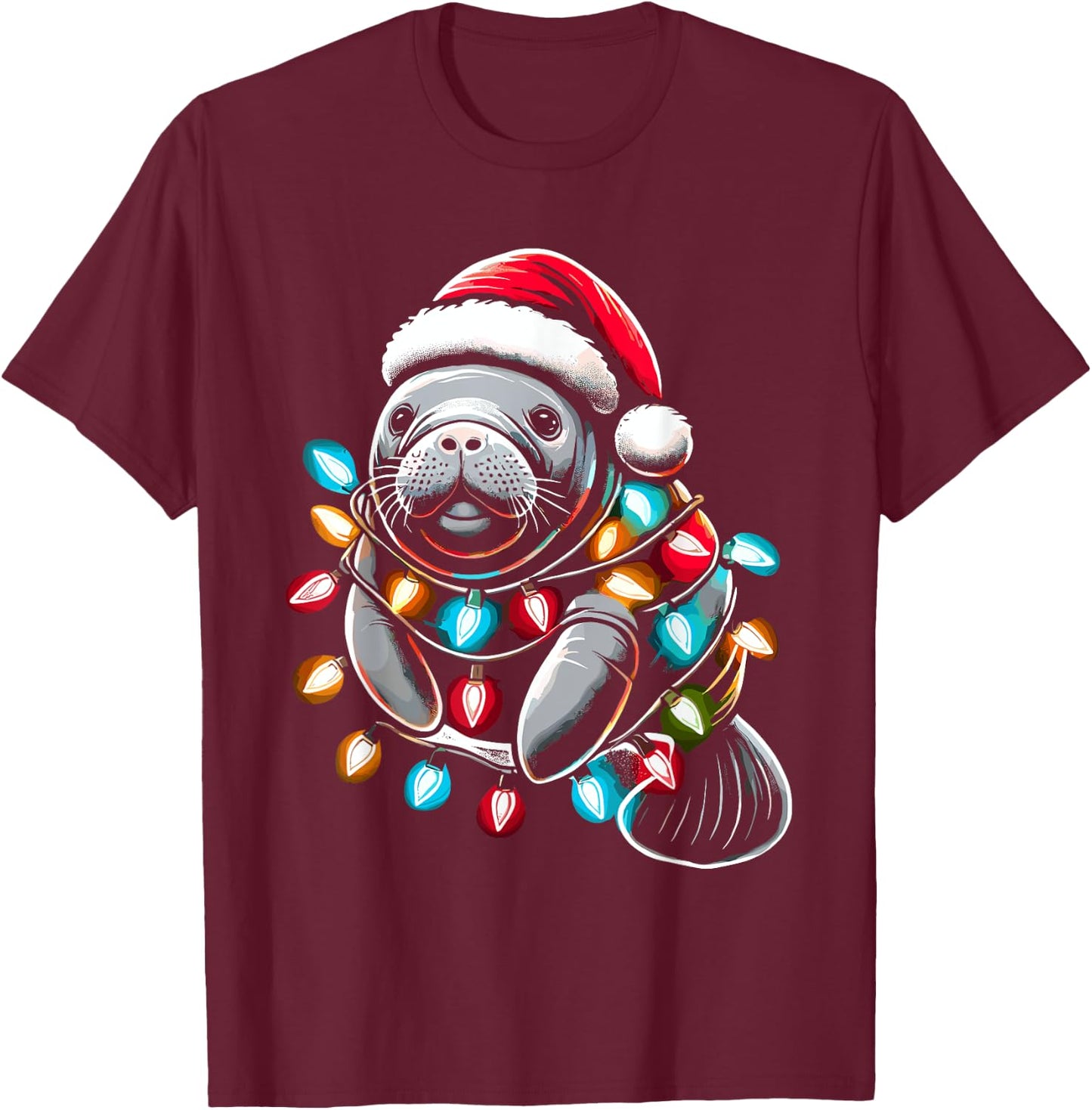 Manatee Santa Hat Christmas Lights Pajama Funny Xmas T-Shirt - T-Shirt | Maroon
