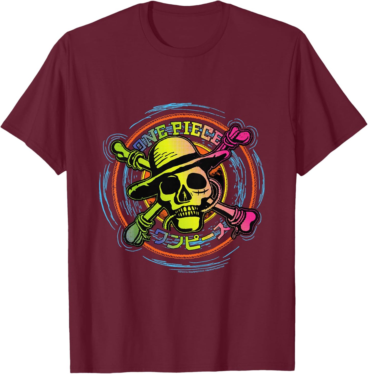 Children's One Piece Anime Straw Hat Pirates Color Logo Kanji Kids , Black, 2 T-Shirt - T-Shirt | Maroon