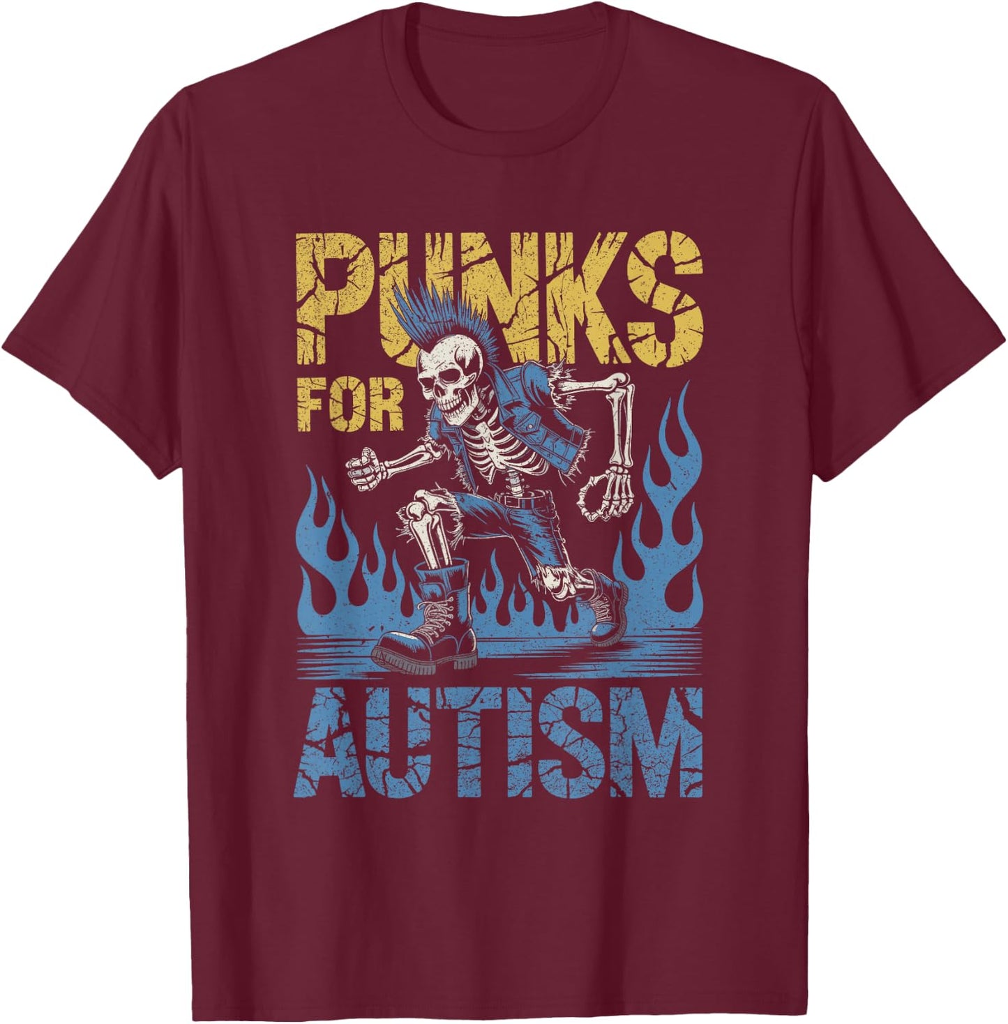 Punks for Autism Skeleton Mohawk Boots Sensibilisation aux Flammes T-Shirt - T-Shirt | Maroon