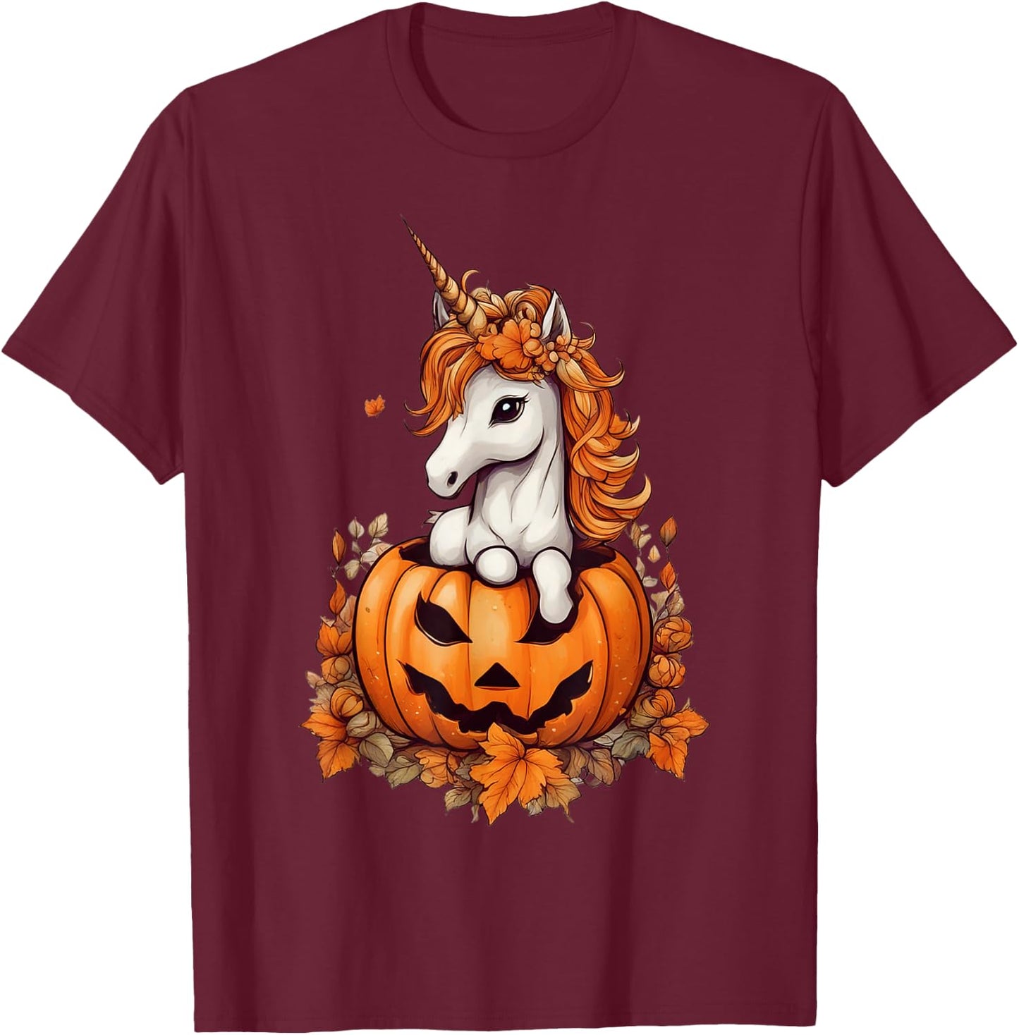 Cute Halloween Anime Kawaii Unicorn Pumpkin Girls T-Shirt - T-Shirt | Maroon