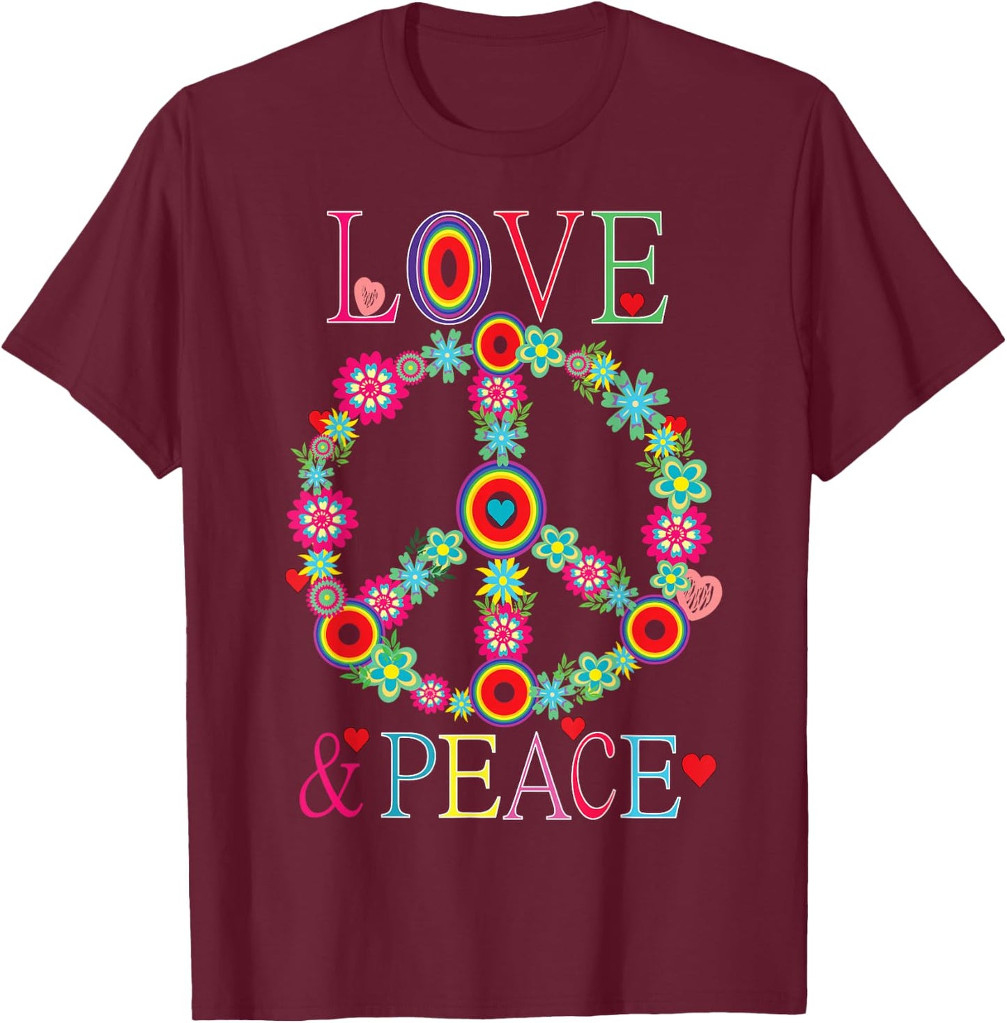 Peace Love 60s 70s Flower Power Hippie Outfit , black T-Shirt - T-Shirt | Maroon