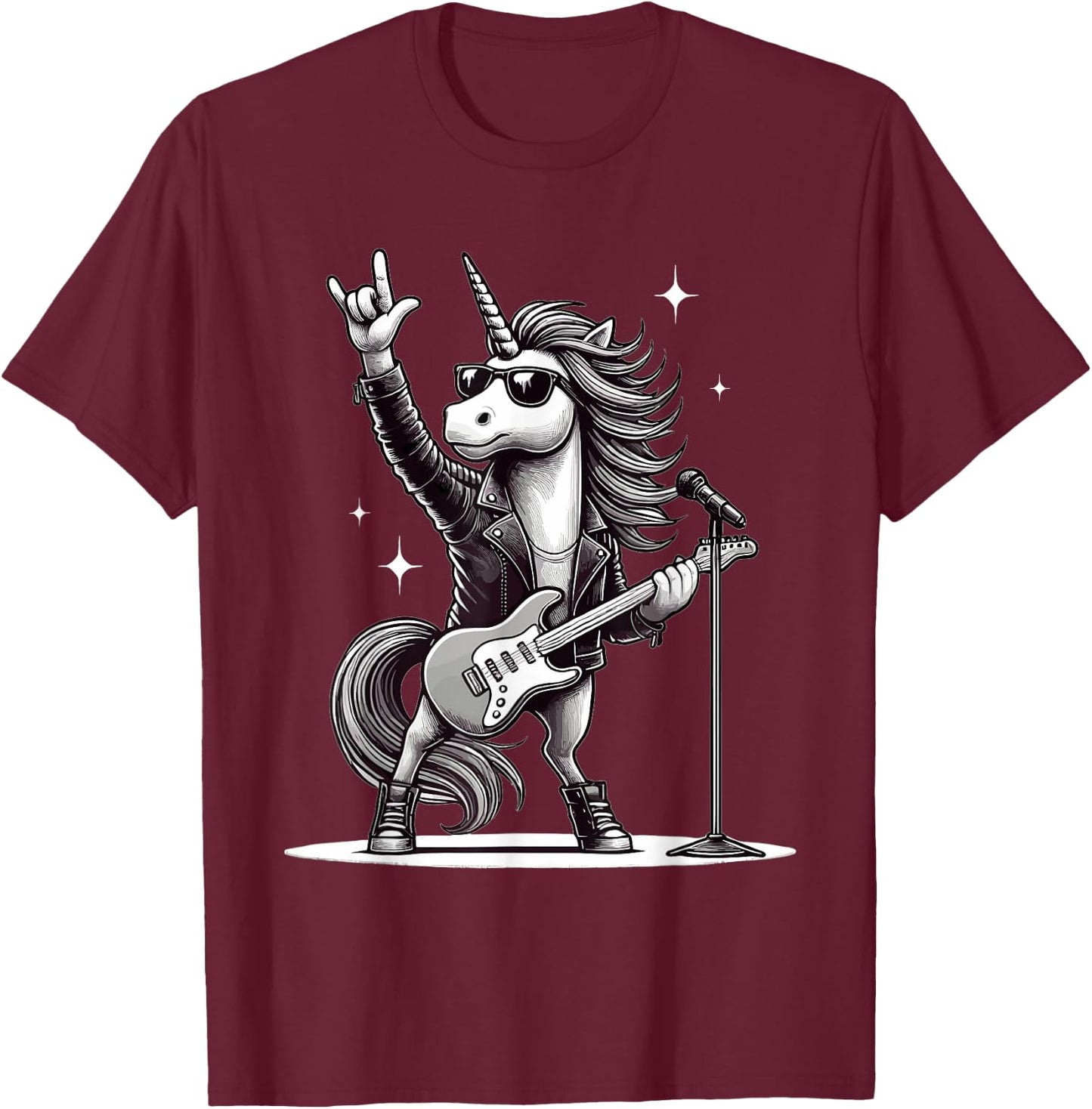 Rock Music & Heavy Metal, Rocker, Guitar, Unicorn, Rock Hand T-Shirt - T-Shirt | Maroon