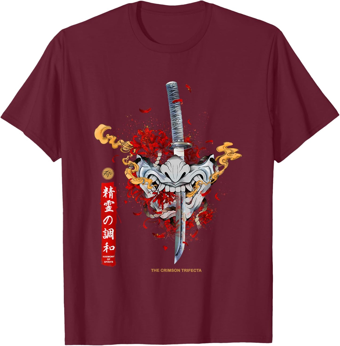 Red Spider Lily and Japanese Anime Retro Oni Samurai Mask T-Shirt - T-Shirt | Maroon