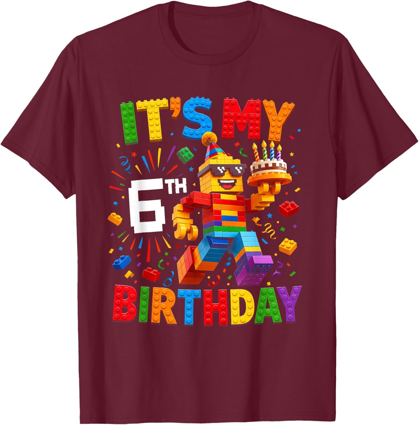 It's My 6th Birthday Building Brick 6 Years Old Boys Kids T-Shirt - T-Shirt | Maroon