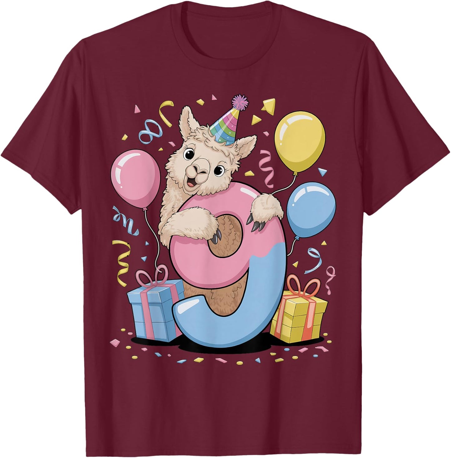 Lama Alpaka 9 Geburtstag Junge Mädchen 9 Jahre alt Lama Alpaka T-Shirt - T-Shirt | Maroon