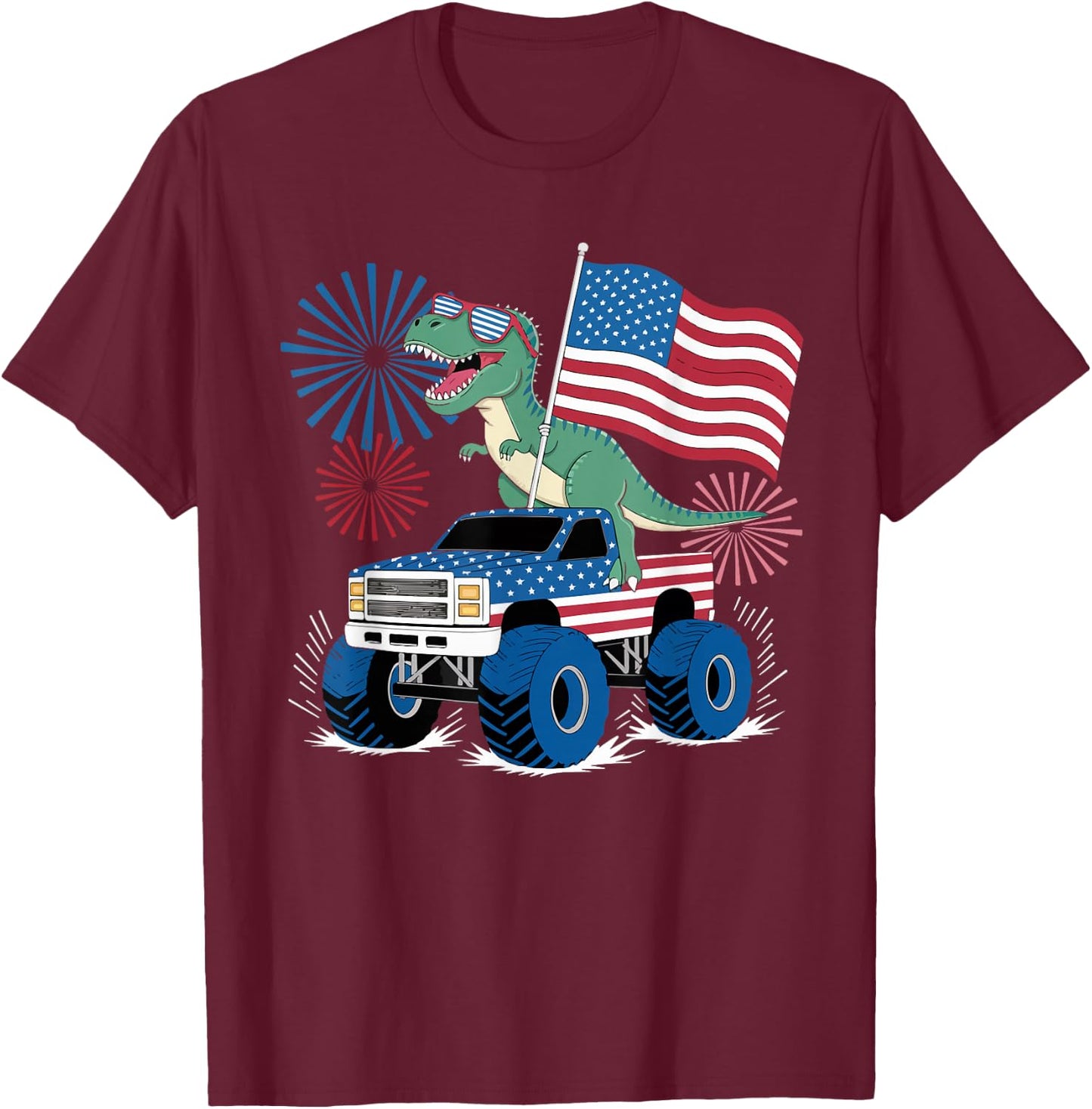 Dinosaur 4th Of July T Rex Dinosaur Truck Dino T-Shirt - T-Shirt | Maroon